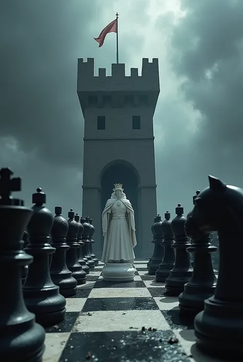  Creates a powerful image, Alluding to a chess battle, where the pieces capture the king next to the tower of his castle.