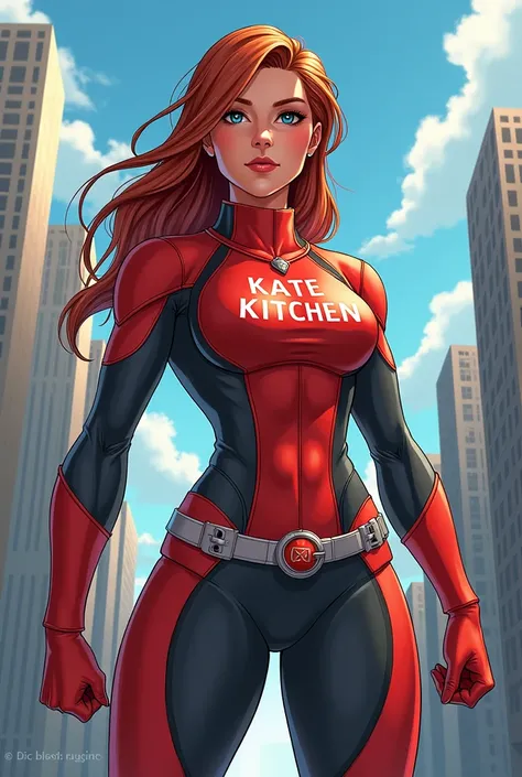 Create an image of a female superhero wearing a sleek, vibrant superhero costume with the name "Kate Kitchen" prominently displayed on her chest. The costume should feature subtle kitchen-themed design elements, such as utensil-inspired patterns or accesso...