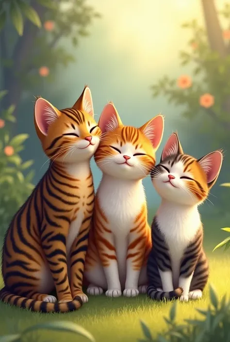 Three cats sitting together, first cat fur is a mix of brown and black stripes. second cat is a tabby with brown and black stripes on its body. third cat is a calico cat