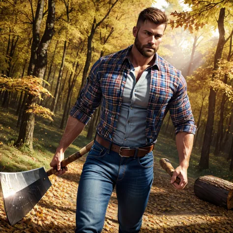 ultrarealistic , very handsome woodcutter male in plaid shirt , unbuttoned shirt ,well fit ,  abs , hairy chest  ,broad shoulders ,  blue jeans , belt , brown side hair ,side shaved, stubble, muscled((3.0)) , with an wood chopping axe , walking in a autumn...