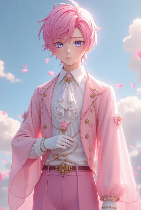 A quiet anime young man with sharp blue eyes represents pink hair  , He has fair skin and wears all the beautiful and luxurious pink fantasy clothes, such as the clothes of the nobles, represented by a short and half-pink pink jelly. She has a long sleeve ...