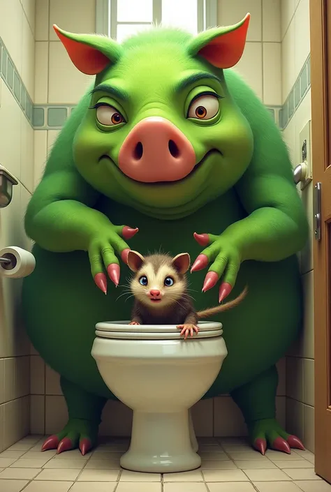 Big green pig putting a possum in the toilet 