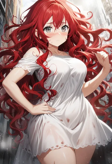 1 girl, red hair, messy, long wavy hair, gray eyes, white dress, curvy body, CG