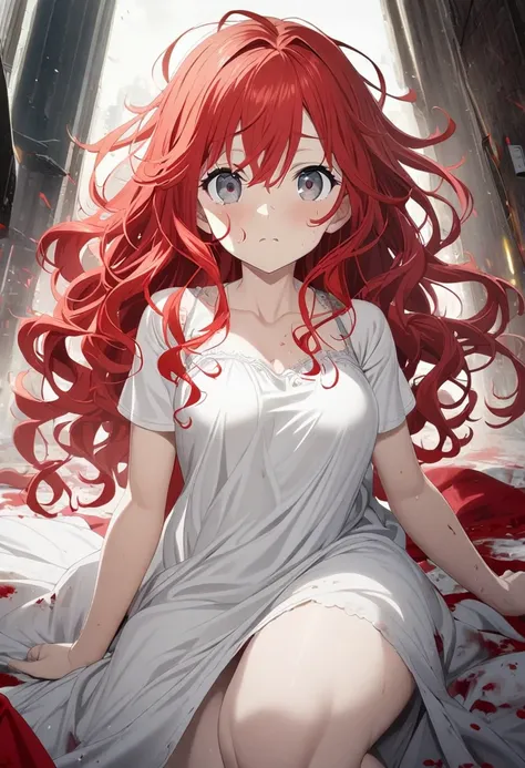 1 girl, red hair, messy, long wavy hair, gray eyes, white dress, curvy body, CG