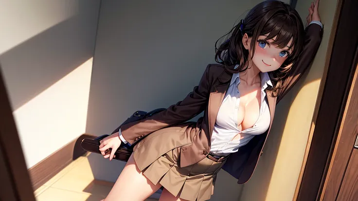 1girl, solo, school, brown hair, large breasts, ((buttoned light brown blazer)), dark blue eyes, ((white shirt)), ((unbuttoned shirt)), school uniform, skirt, smile, looking at the viewer, standing, hair ribbon, golden necklate, brown shoes