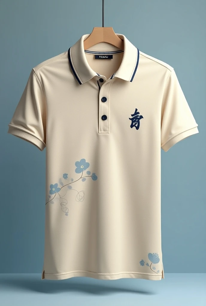 High quality,   detailed polo shirt design ,  Medium beige  ,  navy blue embellishment ,  Light blue decoration,There are many repeating totem compositions , 3D Rendering,  Studio Lighting ,  super detailed, photorealistic, HDR, 8K,   professional product ...