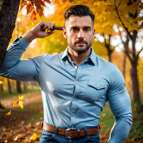 ultrarealistic , very handsome woodcutter male in plaid shirt , unbuttoned shirt ,well fit ,  abs , hairy chest  ,broad shoulders ,  blue jeans , belt , brown side hair ,side shaved, stubble, muscled((3.0)) , with an wood chopping axe , walking in a autumn...