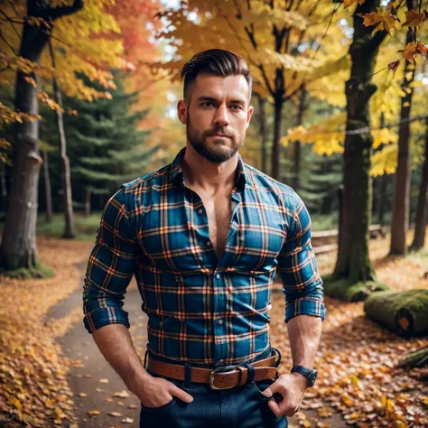 ultrarealistic , very handsome woodcutter male in plaid shirt , unbuttoned shirt ,well fit ,  abs , hairy chest  ,broad shoulders ,  blue jeans , belt , brown side hair ,side shaved, stubble, muscled((3.0)) , with an wood chopping axe , walking in a autumn...