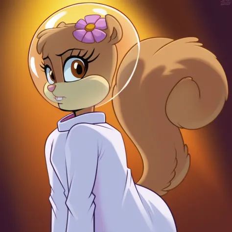 sandy-cheeks, (bubble helmet:1.3), furry female anthro, squirrel girl, portrait, (hair flower:1.1), (white shirt:1.2, long sleev...