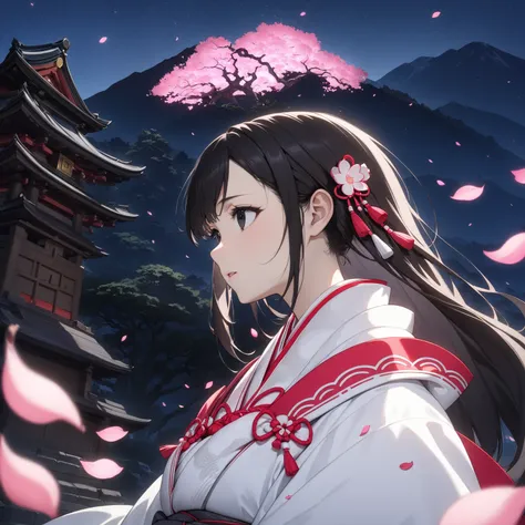 ( is the best quality, masterpiece),(1 Girl, Shrine maiden, coat, Expression face, black eyes, Looking ahead , dark hair , walk,  upper body), (Night Sky, Huge old tree behind,  Theres a huge old tree in the back ， with glowing pink petals in the back, Beh...