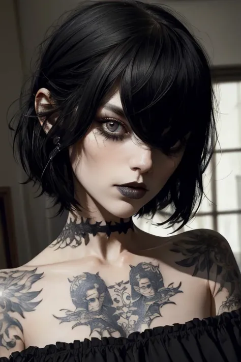  masterpiece, Haut du corps, portrait de visage,  1fille, Alone,  black hair, poils sur les yeux,  inside , tattoos, Goth, session