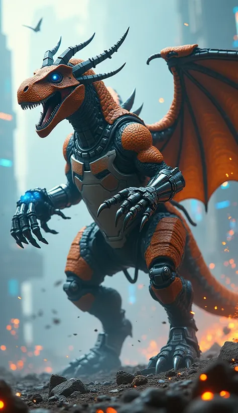 A towering cyborg dinosaur with a fusion of organic and metallic features. Its body is a blend of fiery orange scales and shiny, armored steel plates. A massive mechanical claw replaces one of its hands, glowing faintly with blue energy, while cybernetic w...