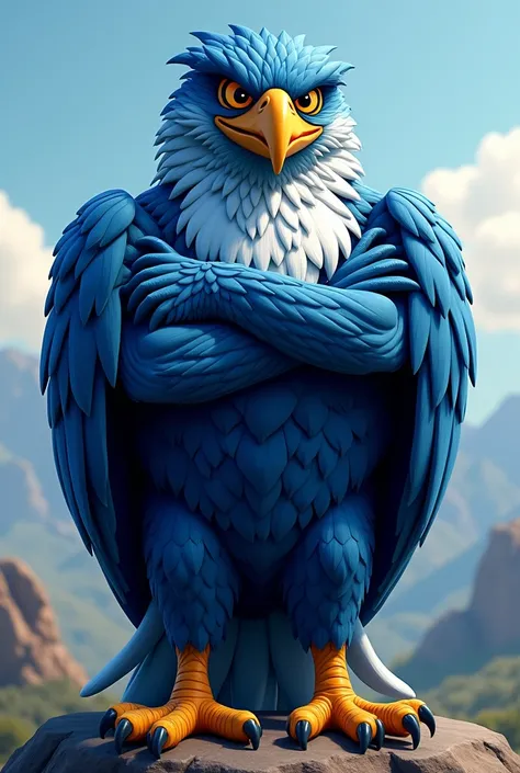  Create a mascot of an eagle of the species Carcará ,  with arms crossed ,  predominant color blue , brave face