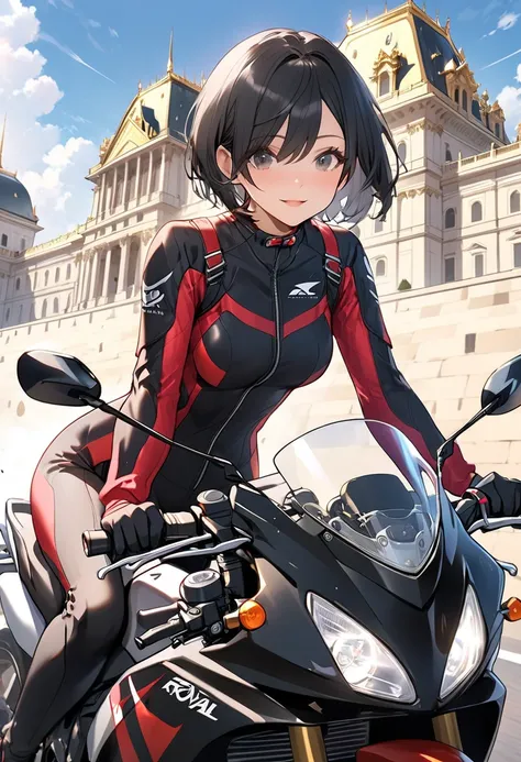 woman、 black hair、 shorthair 、 rider suit with the royal palace in the background、Riding a motorcycle