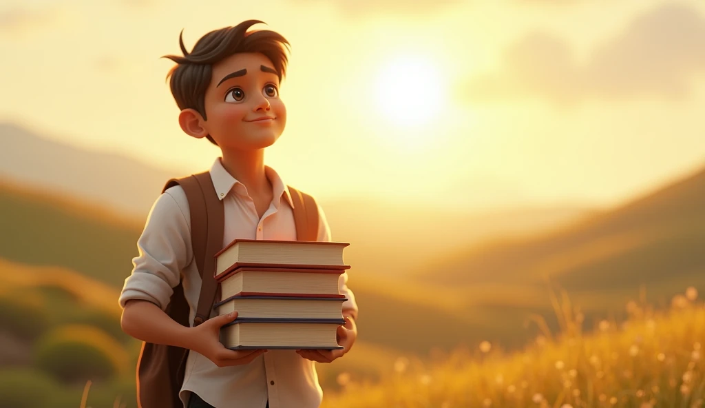 A young Ravi holding books and looking at a distant horizon, symbolizing the advice to study hard for a stable future."