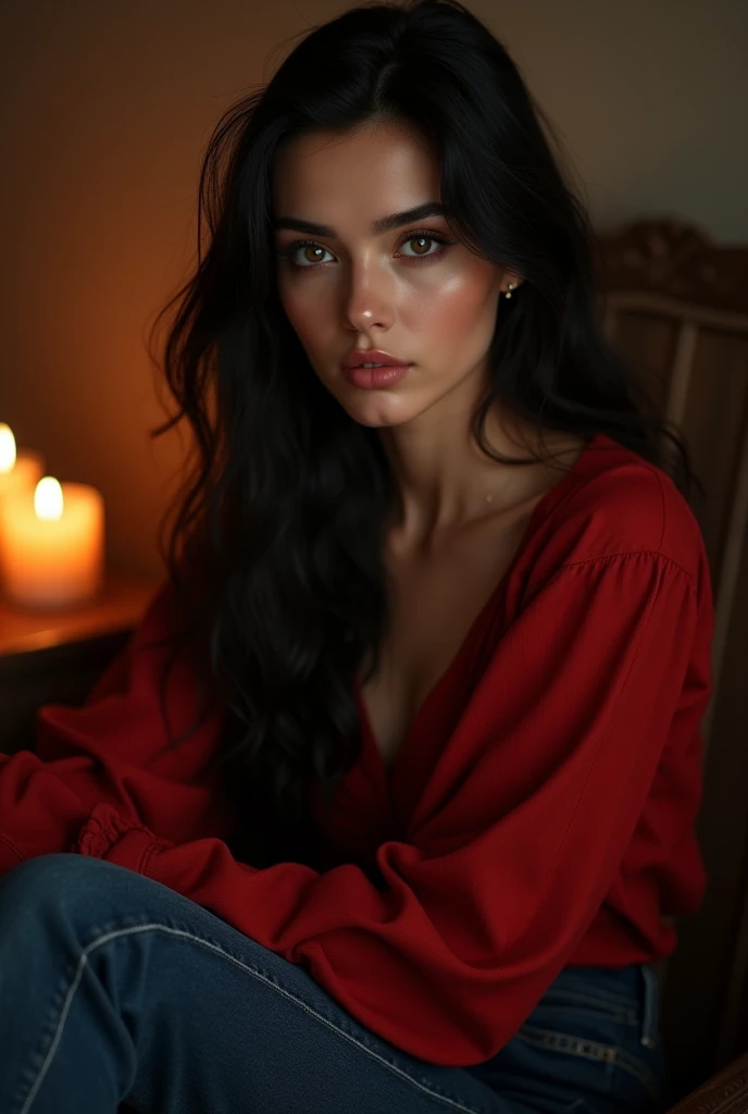  ((Face and eyes)), ((hyper realistic)), (highly detailed), perfect,hyper realist,beautiful girl with black hair,dark brown eyes,serbian looking girl black jeans,red blouse long sleeeves,sitting in half dark room with canldles romantic atmosphere, looking ...