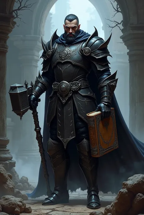 A dark paladin armed with a battle hammer and a book with a book of evil