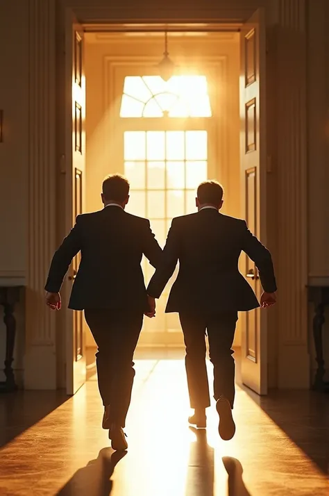 Two men dressed in black run into the room during the day White house in the sun. In