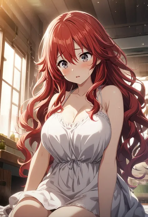 1 girl, red hair, messy, long wavy hair, gray eyes, white dress, big breasts, CG