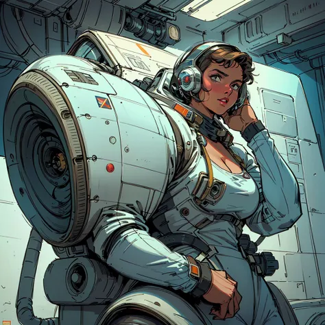 ((( Best Quality Masterpiece ))),(((Absolutely 1 woman))),(spacesuit that emphasizes cleavage ),((( 70s and 80s space thriller movie posters))),( American Comics ),((( retro vintage style ))),Overwhelmingly complex depiction,Absolute machine group backgrou...