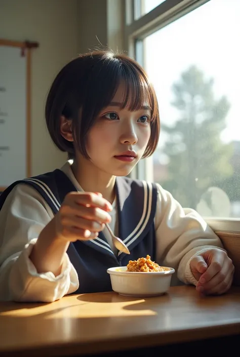 Fujifilm, 35mm color film, melancholic Japanese girl, 12yo, brown pixie cut, blunt bangs, sailor uniform, eating curry alone at a school desk, looking out the window thoughtfully while holding her spoon. Sunlight streams in, creating a quiet, introspective...