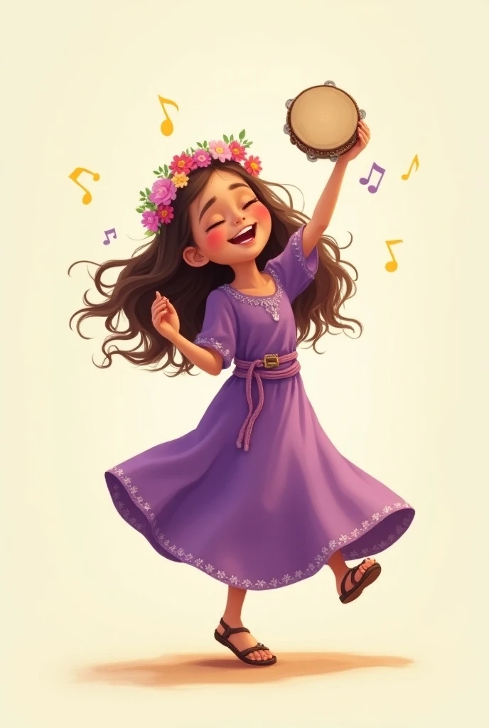  Pixar-like illustration of a young Christian girl with long wavy brown hair , adorned with a flower crown , Dancing for God with a tambourine in his hand and modest purple costume with leather sandals set in ancient times on a light background