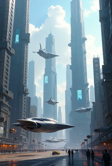 A country filled with TALL BUILDINGS with advanced technology and filled with many robots that replace humans and many advanced vehicles (advanced flying cars).