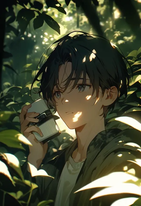 A boy, about , stands a little distance away, holding an old-fashioned Polaroid camera. He looks directly into the lens with a mix of curiosity and slight melancholy on his face. The scene is set in a lush summer forest that gently blurs into the backgroun...