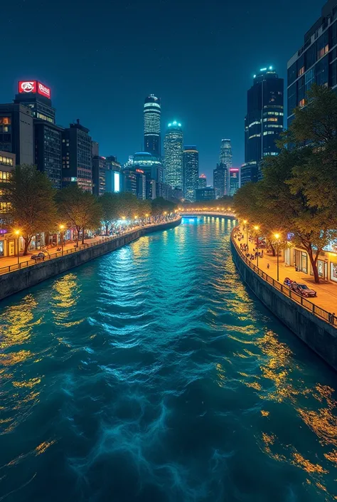 (View From above:2), I want you to create a realistic photo of a glowing river at night, modern city next to river, , inspired by Vincent Van Gogh 