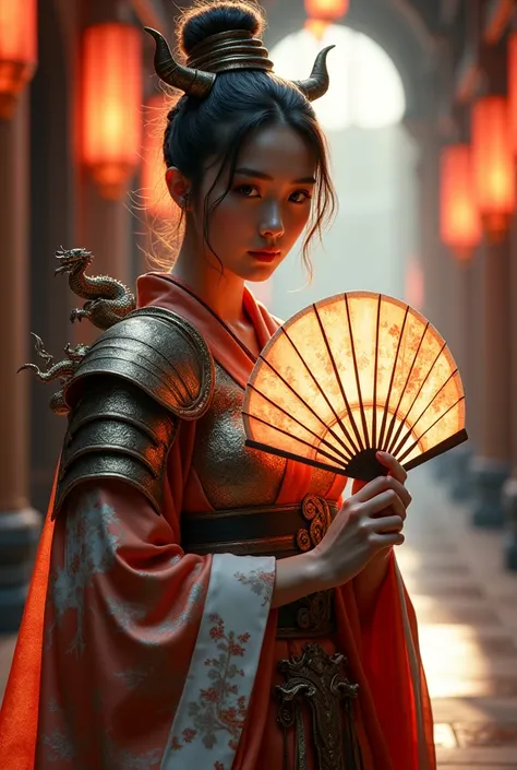 ultra detailed impressive [realityistic image,  taken by the best camera in the world ,  A beautiful future Hanoese half-blood woman ， holding a paper fan with a spectrum of diffused light ,  dressed in royal knight armor Dressed ， Inspired by the royal bl...