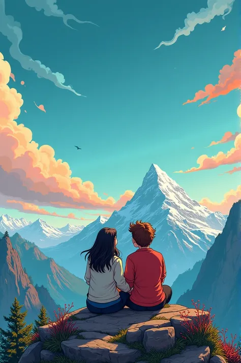 Comic image of two lovers sitting on a mountain looking at the sky