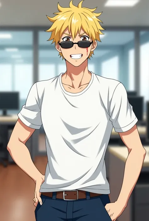 Blond-haired man ,  brown eyes and a scar on his forehead ,  wears short sleeve white walking and dark blue pants and sunglasses.  He smiles carefree at the camera with his hands on his hips .  The background in an office .  anime style