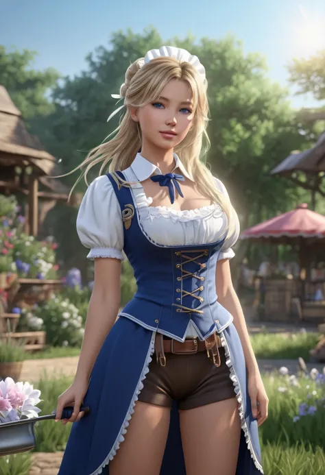 ((masterpiece)), ((best quality)), ((highres)), ((detailed background)), ((extremely detailed CG unity 8k wallpaper)), solo, shiona, blonde hair, long hair, blue eyes, hair tuft, cowboy shot, outdoors, ((maid outfit))