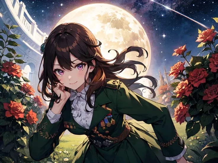 One person、solo、Human Girl、Human Ear、( green military uniform)、( green frill long skirt)、smile、 slouching forward、 slouching forward、Kneel、Focus on the chest、Rose Garden、 starry sky 、High image quality、Masterpiece、correct、解剖学的にcorrect、number々award、 best qu...