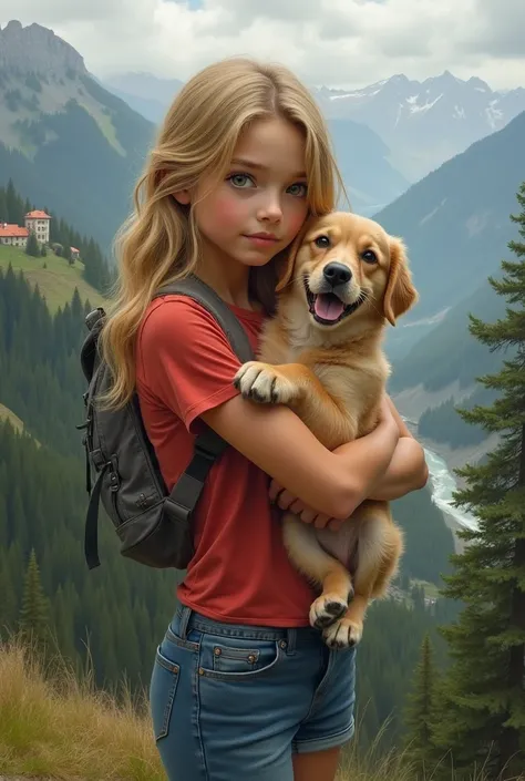 Portrait réaliste et très détaillé dune jeune fille blonde aux grands yeux et aux cheveux longs, portant un jean 
 et un short rouge, tenant son chien dans ses bras. Ils se tiennent au sommet de la montagne. Au loin, il y a des petites maisons et des monta...