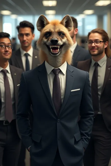 A hyena dressed in dress clothes smiling at a group of friends who are employees of a company 