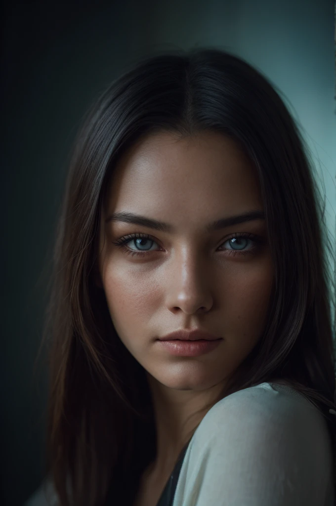 (close-up, editorial photograph of a 21 year old woman), (highly detailed face:1.4) (smile:0.7) (background inside dark, moody, private study:1.3) POV, by lee jeffries, nikon d850, film stock photograph ,4 kodak portra 400 ,camera f1.6 lens ,rich colors ,h...