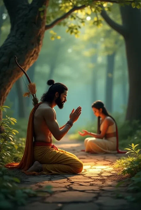 A deeply realistic and divine scene of Lord Rama kneeling on the forest floor, his hands joined in prayer, seeking water from Mother Earth. Rama, dressed in a simple dhoti and carrying his bow, looks serene yet determined. Nearby, Sita sits under the shade...