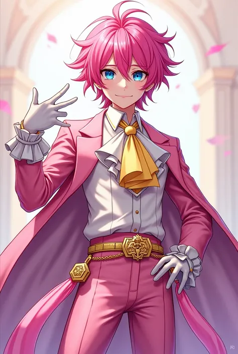 A funny anime guy with sharp blue eyes represents pink hair , He has fair skin and wears all the beautiful and luxurious pink fantasy clothes, such as the clothes of the nobles, represented by a short and half-pink pink jelly. She has a long sleeve on the ...