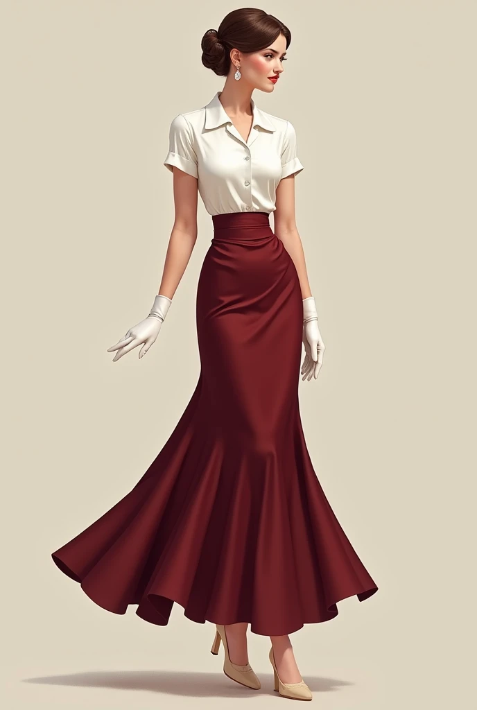 A woman wearing a shorts sleeve white blouse and a maroon high waist flowy skirt, a full white gloves and a nude colored closed shoe