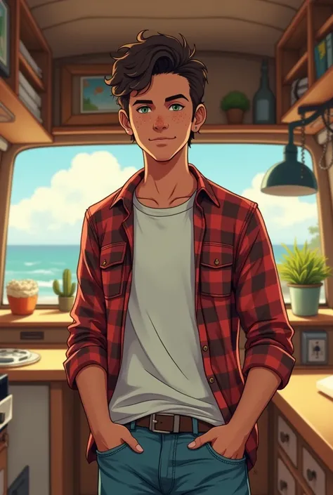 (In an anime style) A 22 year old adult guy who lives in a van mini home. Hes cute and handsome, fit, about 57 in height. Hes of Hispanic descent, has tanned skin, he has green eyes, short brown curly hair, and freckles. He wears T-shirts, flannels, and je...