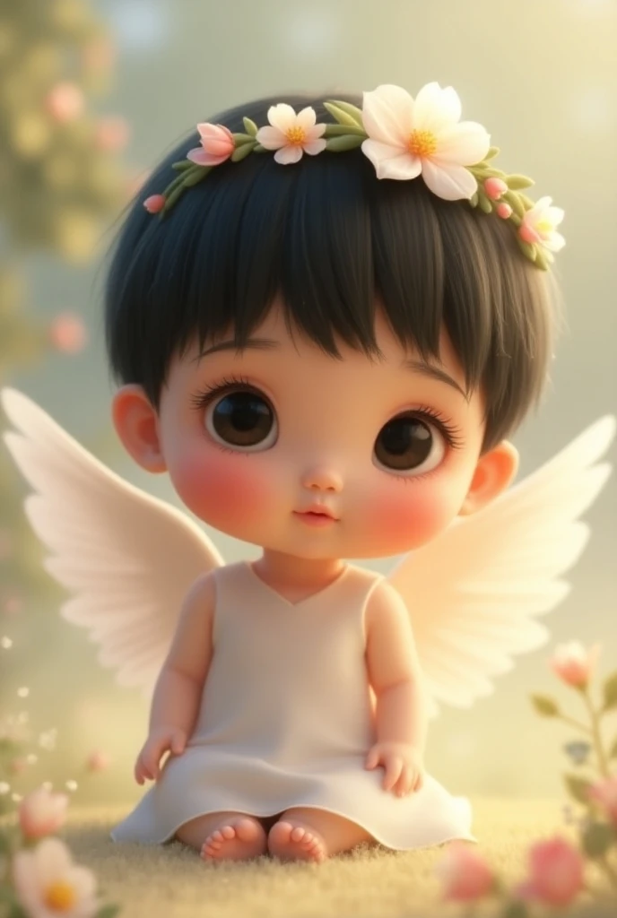 Disney Pixar Baby angel with straight black hair and oriental black eyes with flower tiara and white dress