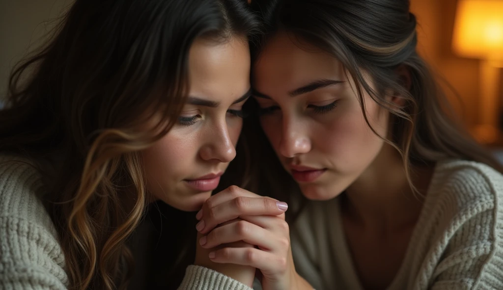 Close-up of Júlia and Amélia sitting side by side, both visibly emotional. Júlias face is softened by tears, while Amélia looks at her with a hopeful, pleading expression. Their hands are clasped tightly together, and the background is a blur of warm, comf...