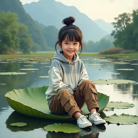 Impressionist abstract photo of a beautiful Indonesian girl, 10yo, with smooth white skin, perfectly groomed face, her hair tied in a Korean-style bangs bun, wearing a white-gray gradient knitted hoodie, brown cargo pants with many knee-length pockets, whi...