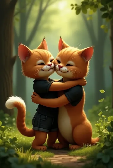 A brown lady cat in black tshirt And black shorts hug a muscular brown cat tig leaf in his hip in forest