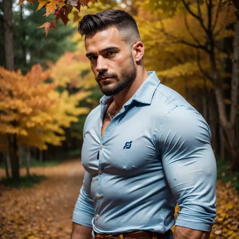 ultrarealistic ,cinematic shot ,  very handsome woodcutter male in plaid shirt , unbuttoned shirt , abs , hairy chest  ,broad shoulders ,  blue jeans , belt , brown side hair ,side shaved, stubble, muscled((2.0)) , with an wood chopping axe , walking in a ...