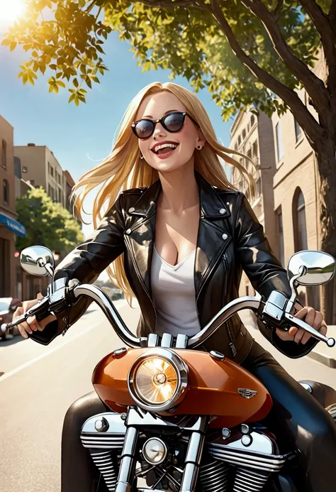 Photo,  beautiful woman ,  long blonde hair sitting on her Harley-Davidson,  who laughs and has ray ban sunglasses on , Background sunshine blue sky , Street, UHD, realistic, Details