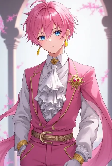 A quiet anime young man with sharp blue eyes represents pink hair  , He has fair skin and wears all the beautiful and luxurious pink fantasy clothes, such as the clothes of the nobles, who are short pink and half pink and the other is white. She has a long...