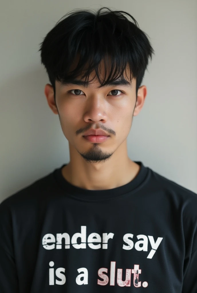 Young 20-year-old man with thin face ,  straight and short semi-wavy black hair and short thin beard wearing a t-shirt with the text "Ender Say is a slut"