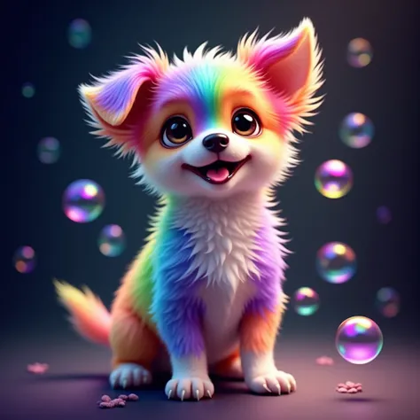 A whimsical, vibrant, and hyper-realistic portrait of an adorable small dog with rainbow-colored fur that blends seamlessly into shades of blue, purple, green, orange, and pink. The dog has big, expressive eyes filled with joy and curiosity, and a playful ...